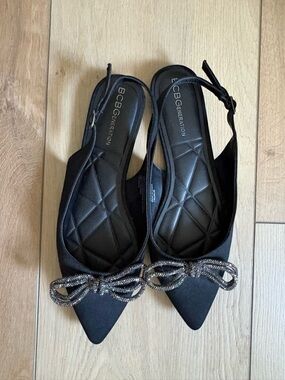 BCBGeneration Black Pointed Slingback Flats with Sparkle Bow Accent